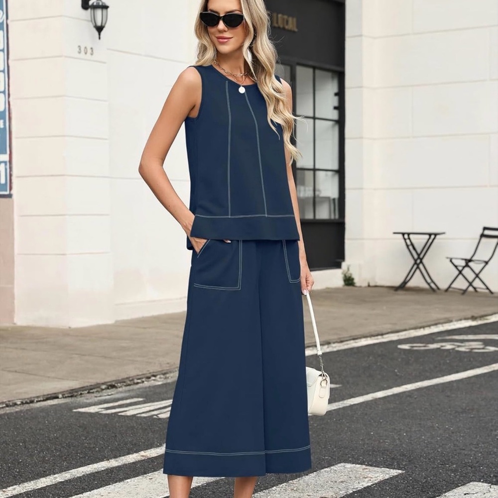 Navy Two-Piece Set Sleeveless Top & Wide-Leg Cropped Pants | Size S NWT